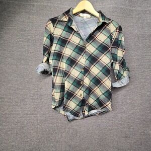 Kontrol Plaid Button Up Shirt Womens Green Tan Black Roll Tab Sleeve T15225